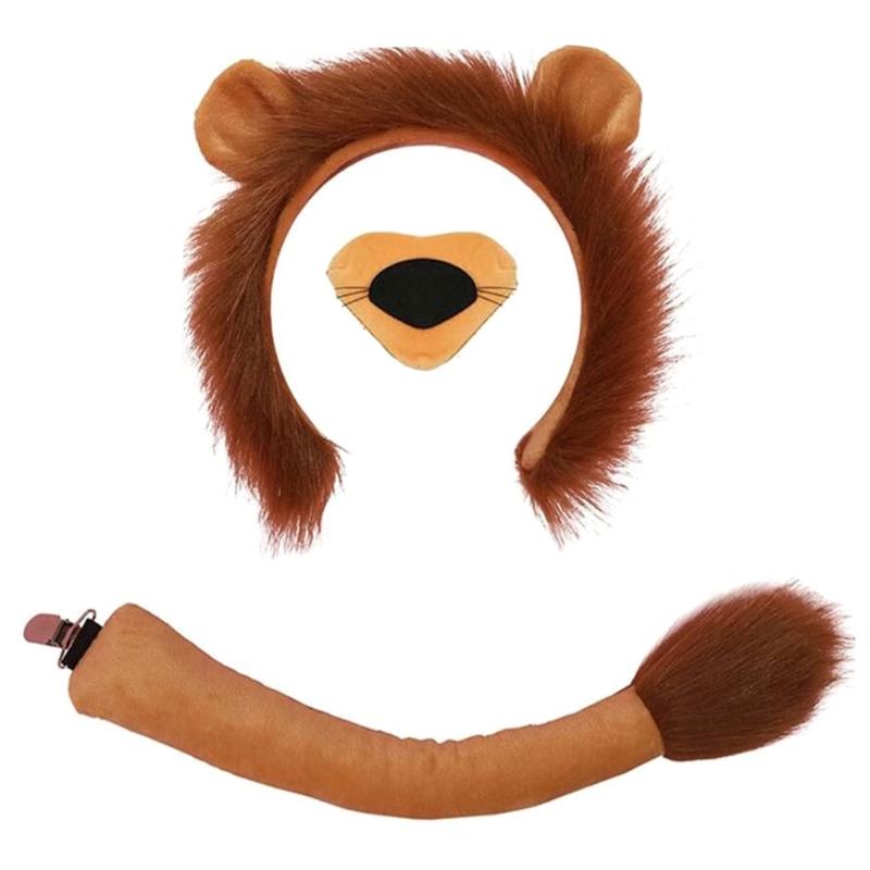 Animal Cosplay Costume for Kid Birthday Cosplay Party, Halloween Lion Dress up Costume, Lion Hairband, Tail, Bowtie