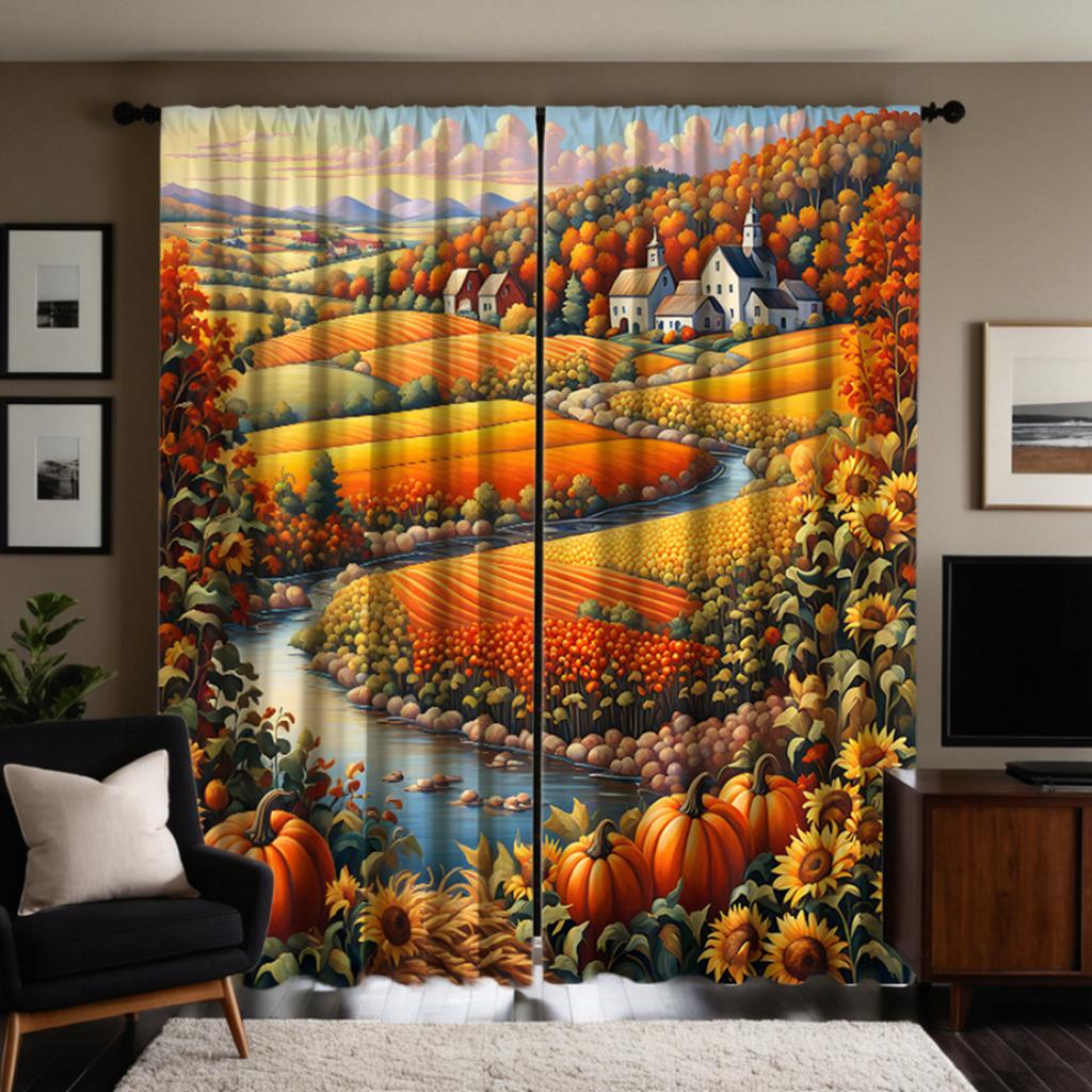 2 Pieces of HD Gold Country Field View Decorative Curtain Yellow Digital Printed Curtain Home Decoration Style Decoration Living