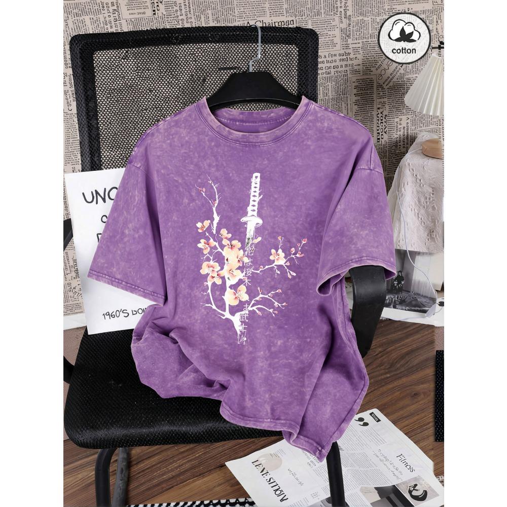 Japanese Cherry Blossom Sword Design Washed T Shirt Women Cotton Summer T-Shirt Casual Y2K Loose Short Sleeves Tops