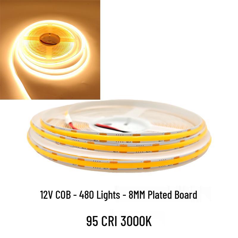 COB LED Strip Light 12V/24V, 320/480 LEDs, 8MM, 90 CRI, Self-Adhesive, Aluminum Channel.