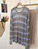Women's Summer Striped Linen Knitwear: Openwork Long Sleeve Loose T-shirt Cardigan