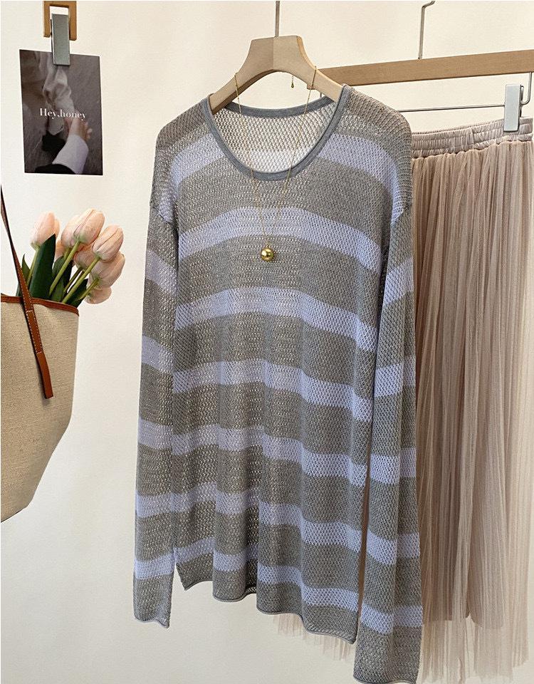 Women's Summer Striped Linen Knitwear: Openwork Long Sleeve Loose T-shirt Cardigan