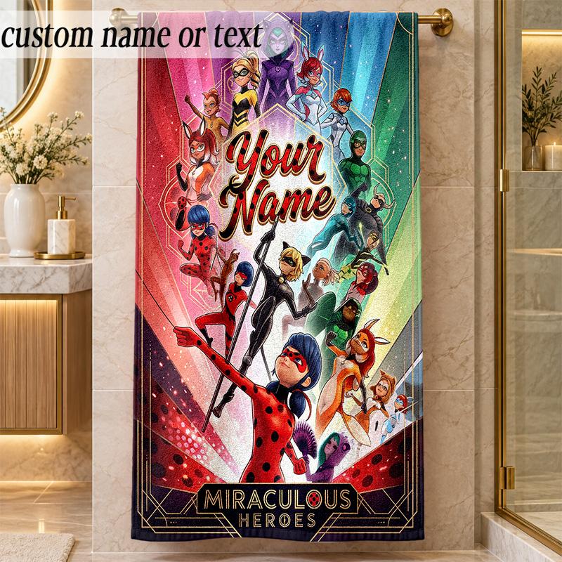 Strandtuch Miraculous Ladybug Benutzerdefinierter Name Text Personalisierbares Weiches Handtuch für Strand Pool Innen Hausdekoration Geschenk