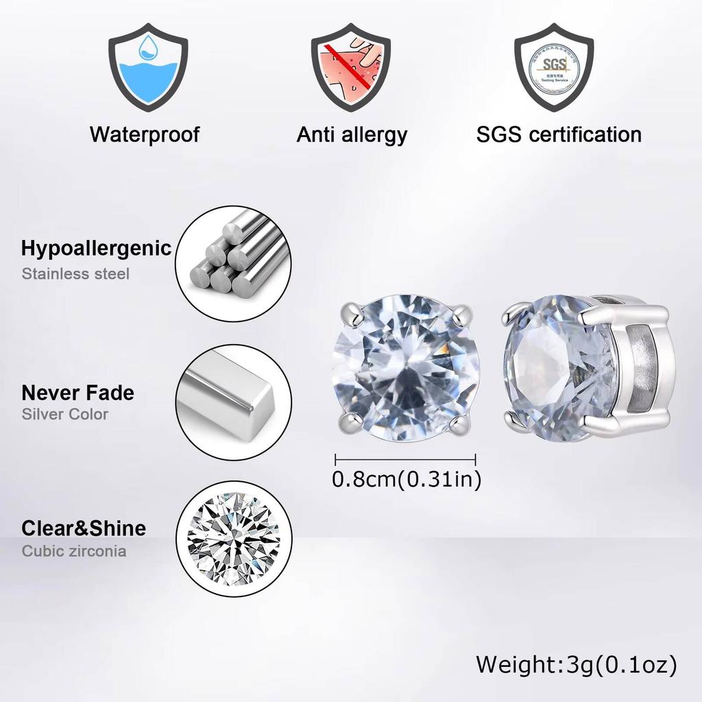 Orecchini a Clip Magnetici Vnox Senza Foro, Borchie Hip Hop con Zirconi per Uomo Donna, Gioielli per Orecchie Rotondi alla Moda Colore Argento Regali per Feste
