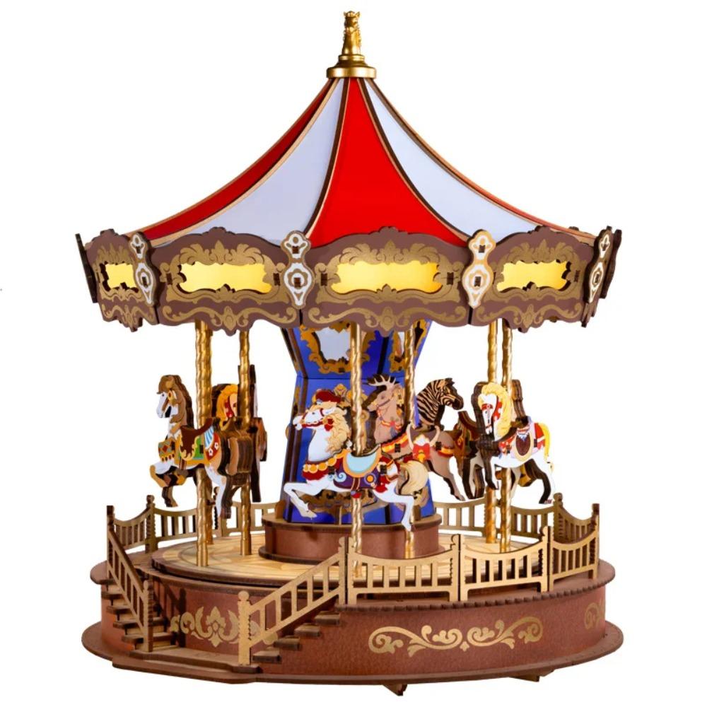 Rolife Klassische Karussell-Spieluhren Einfach zu montieren 3D-Holzpuzzle Bewegliches Design mit Licht Weihnachtsgeschenke für die Familie