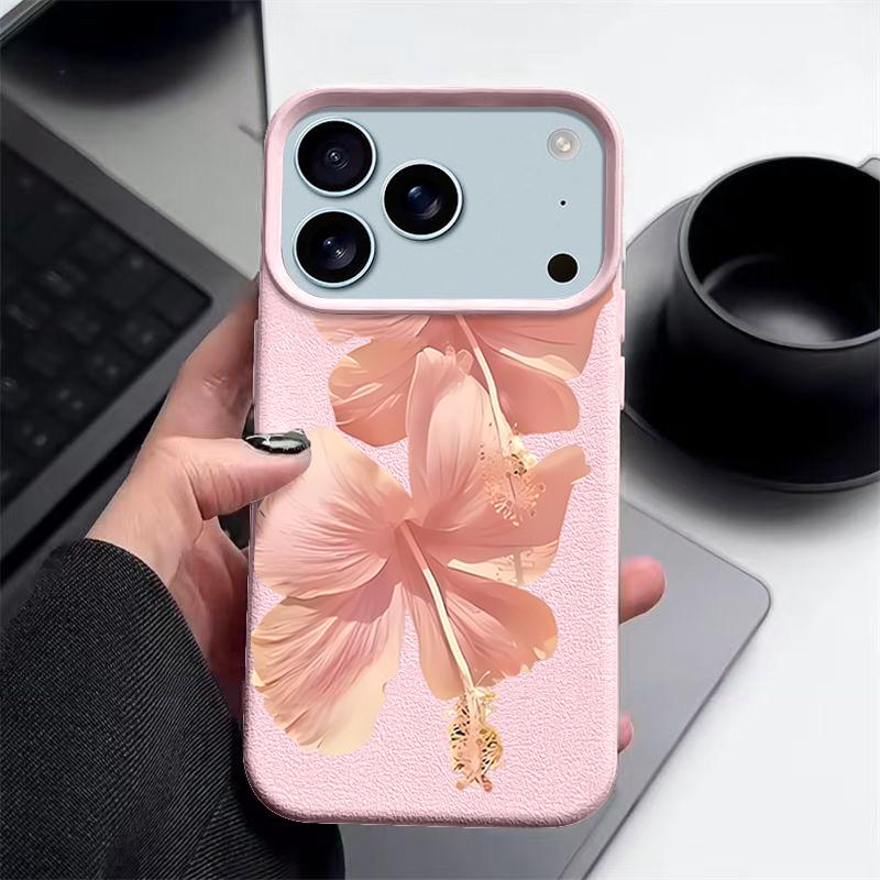 Pouzdro Pro iPhone 17 Pro Max Růžový vzor ibišku Kožená textura Silikonový kryt Pro iPhone 16 Pro Max 15 14 13 12 11 Air 16E