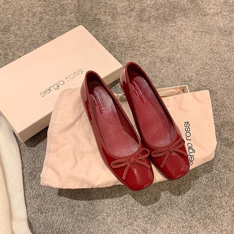 Su Yinyin Has the Same Burgundy Inner Height Increase Square Head Bow Commuting Ol Single Shoes Women's Ballet Shoes Mary Jane Shoes