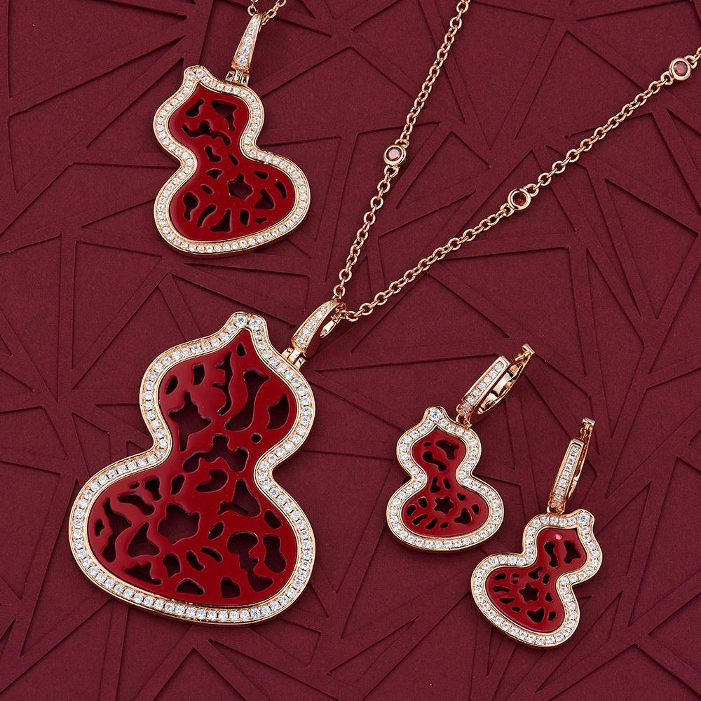 Brass Zirconia New High-quality Exaggerated Gourd Fashion Design Jewelry Chinese Red Coral Exaggerated Sweater Chain