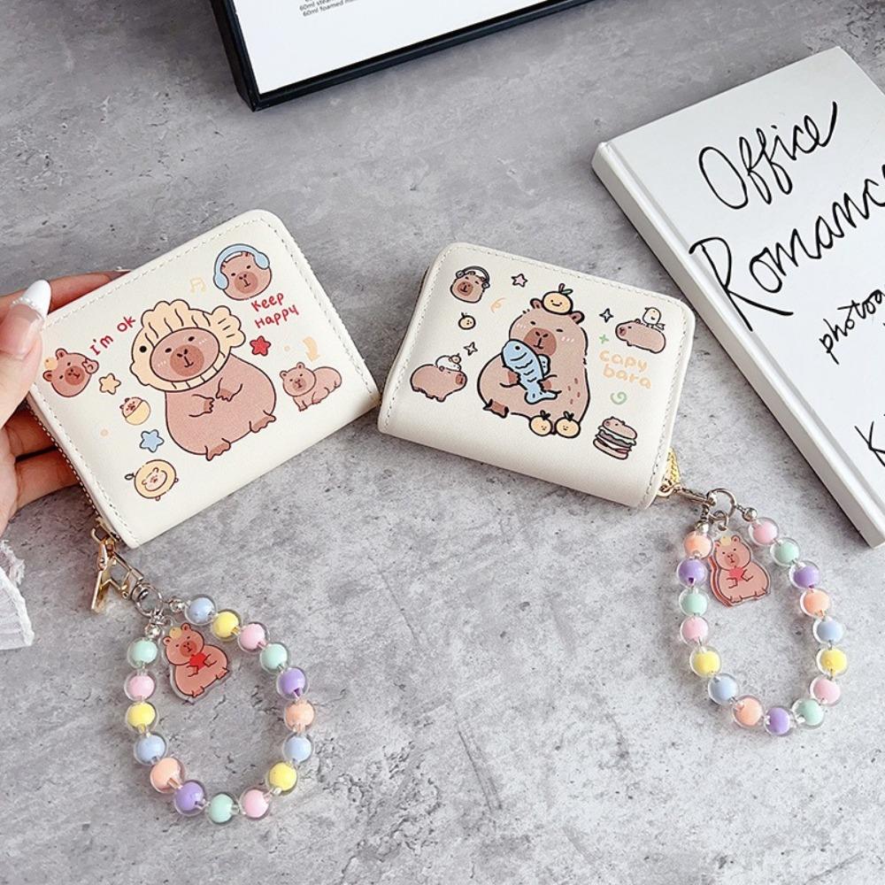 New PU Leather Coin Purse Large Capacity Multifunctional Card Holder with Pendant Capybara Short Zips Card Wallet Gift