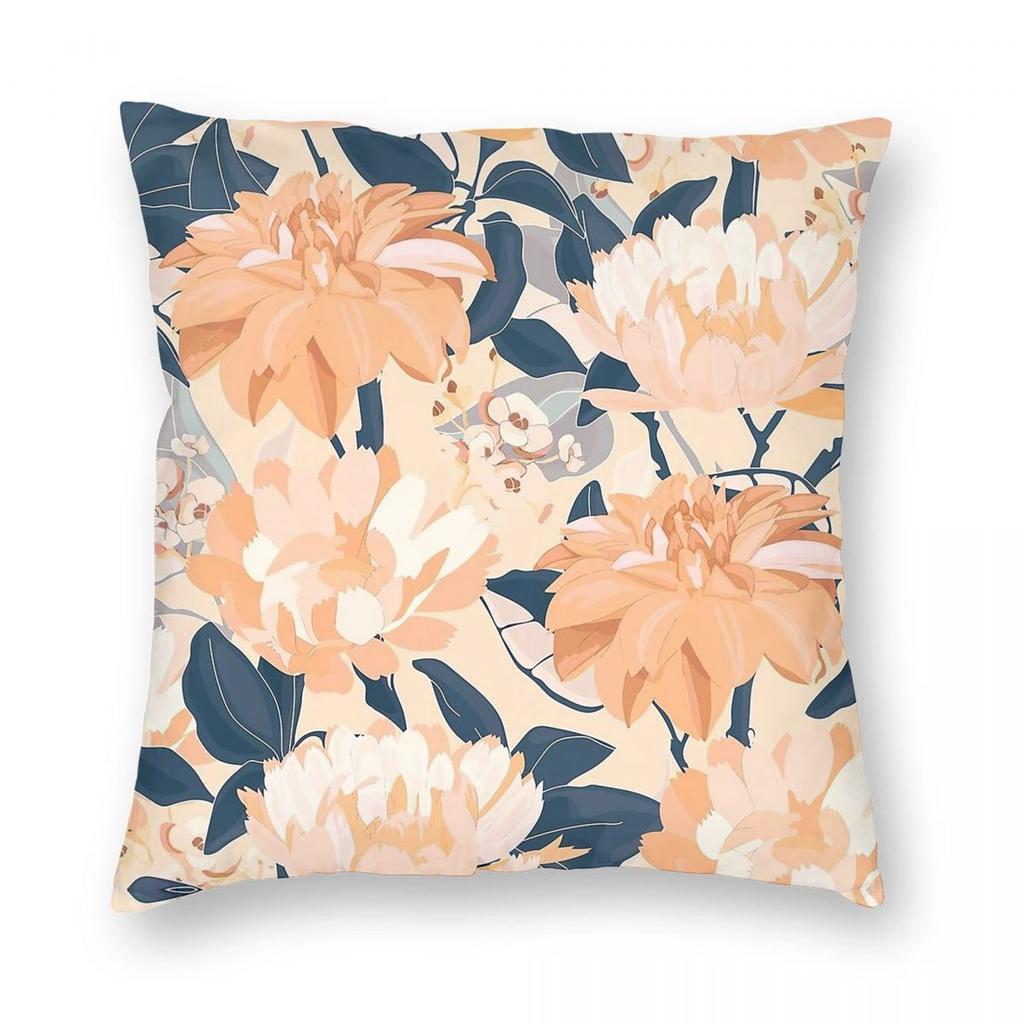 Navy Peach Flower Garden Square Pillowcase Polyester Linen Velvet Pattern Zip Decor Pillow Case Home Cushion Cover x