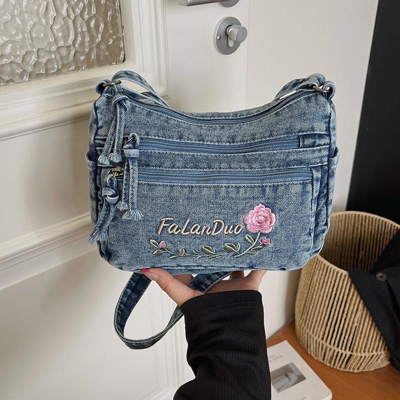 Jeansowa Haftowana Torba na Ramię Damska Torebka Miejska Torba Crossbody