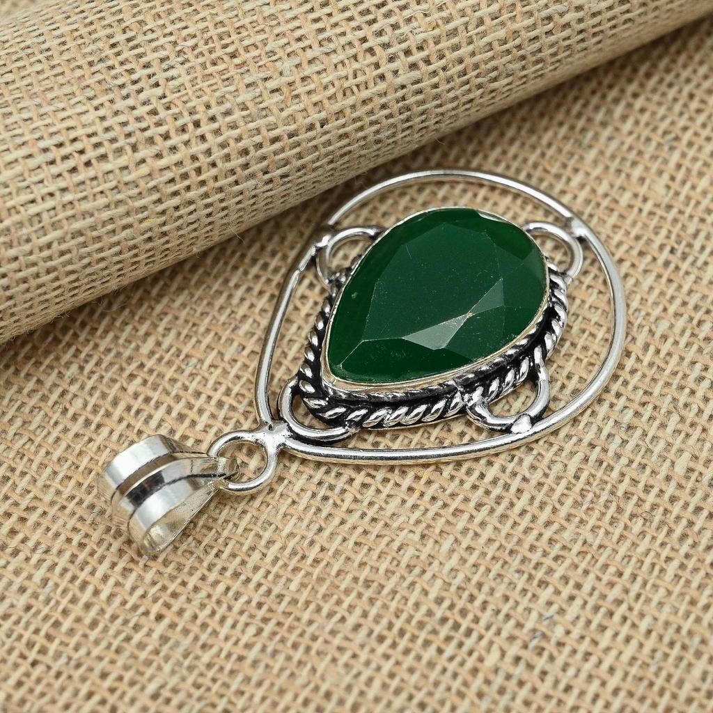 Facettierter grüner Onyx-Edelstein, 925er-Sterlingsilber, handgefertigter, ausgefallener Anhänger-Schmuck