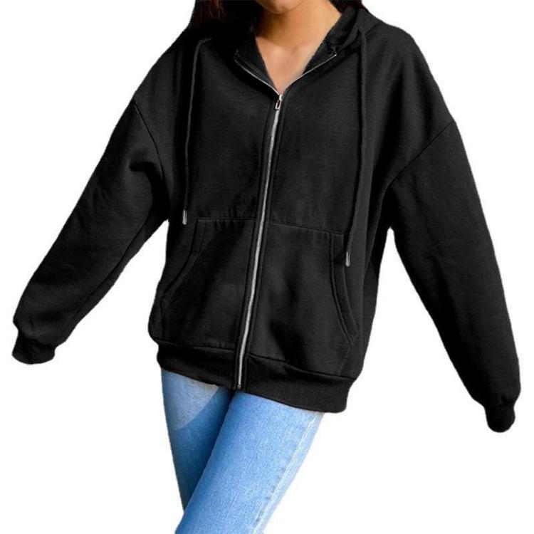 Women's Solid Color Fleece Zipper Jacket Loose Fit Long Sleeve Hooded Sweatshirt