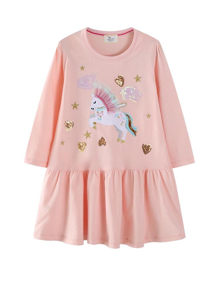 European Autumn Unicorn Embroidery Long Sleeve Princess Dress for Girls