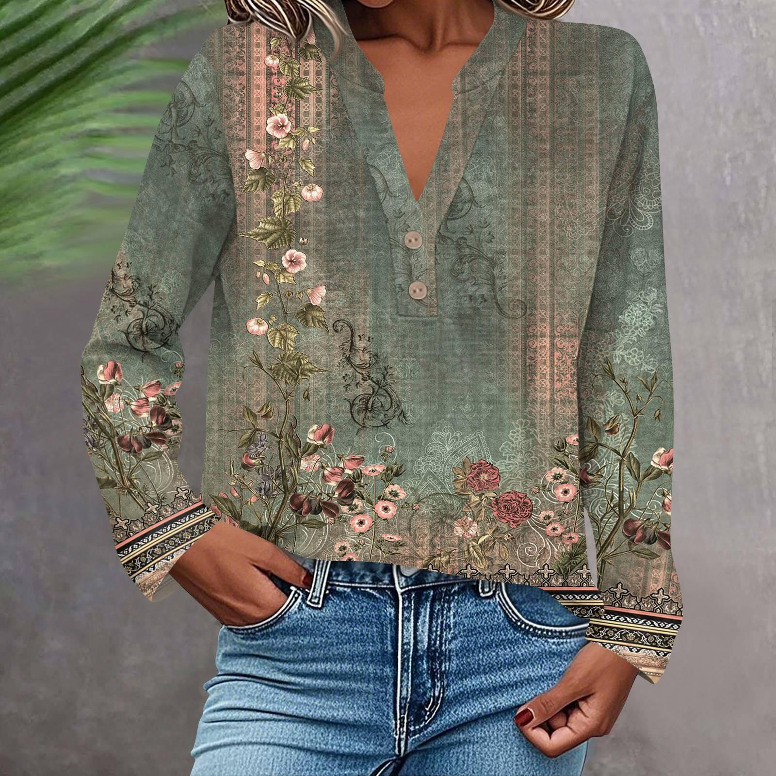 

Жіноча Модна та Повсякденна Сорочка з Довгим Рукавом V-подібним Вирізом на Ґудзиках з Принтом Блузка Топ L армія зелений колір