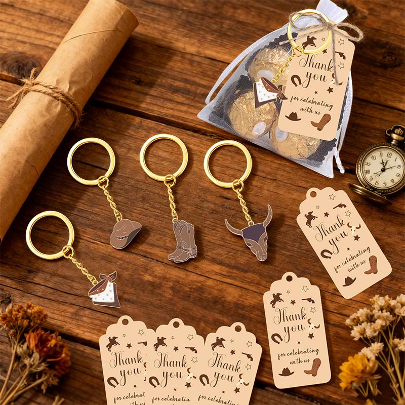 12 Sets Western Cowboy Party Favors For Guests Cowboy Boot Hat Keychain With White Organza Bags And Thank You Tags
