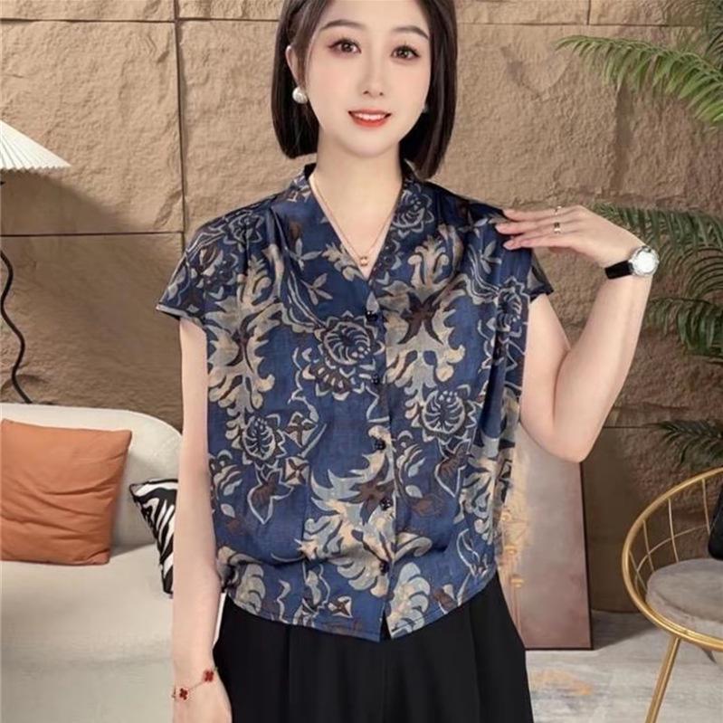 

Blue Stand-Up Collar Short-Sleeved Women s Shirt - New Chinese Style 2026 Summer Collection L [85-105 jin] темно-синього кольору