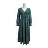 Green Leopard Print Chic Women Dress High Waist Long Sleeve V Neck Long Dress