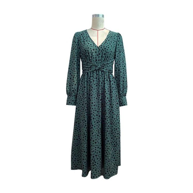 Green Leopard Print Chic Women Dress High Waist Long Sleeve V Neck Long Dress