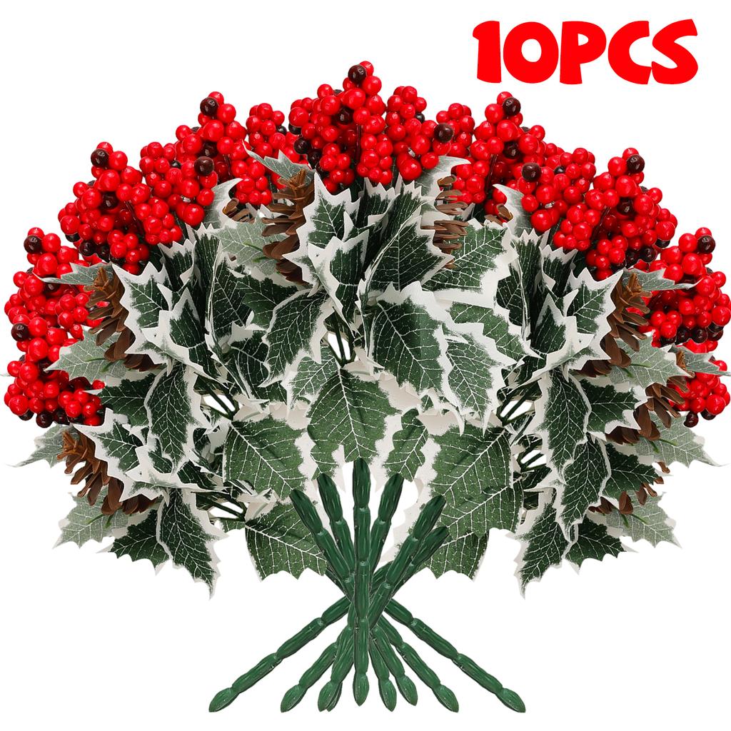 10/1Pcs Artificial Red Berry Pine Needle Stem Artificial Pine Cone Fake Flower Branch Diy Home Christmas Party Wedding Decor