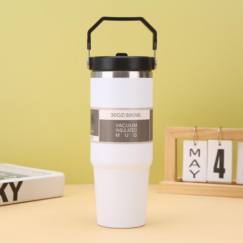 Portable Car Cup Stainless Steel Thermos Cup with Straw and Handle Double Wall Travel Sports Water Bottle Coffee Vacuum Bottle