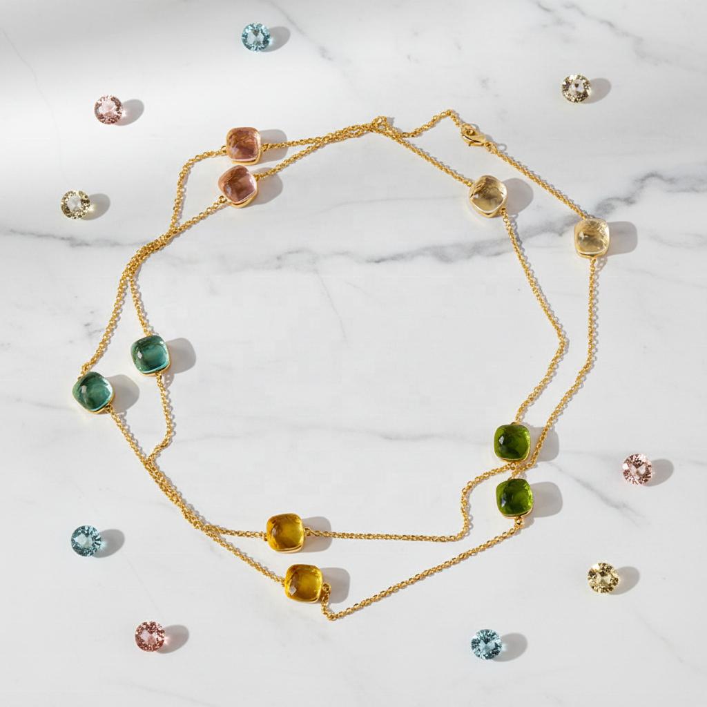 Fashion Beaded Necklaces Long Sweater Chain Necklace Faceted Colorful Candy Fruit Sugar Pendant Crystal Necklace Stainless Steel