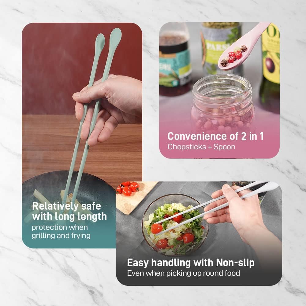 Reble Long Silicone Cooking Chopsticks with Spoon - 12 Inches 3 Color Set, Eco-Friendly, Heat-Resistant, Non-Slip, Non-Scratch, Japanese Asian