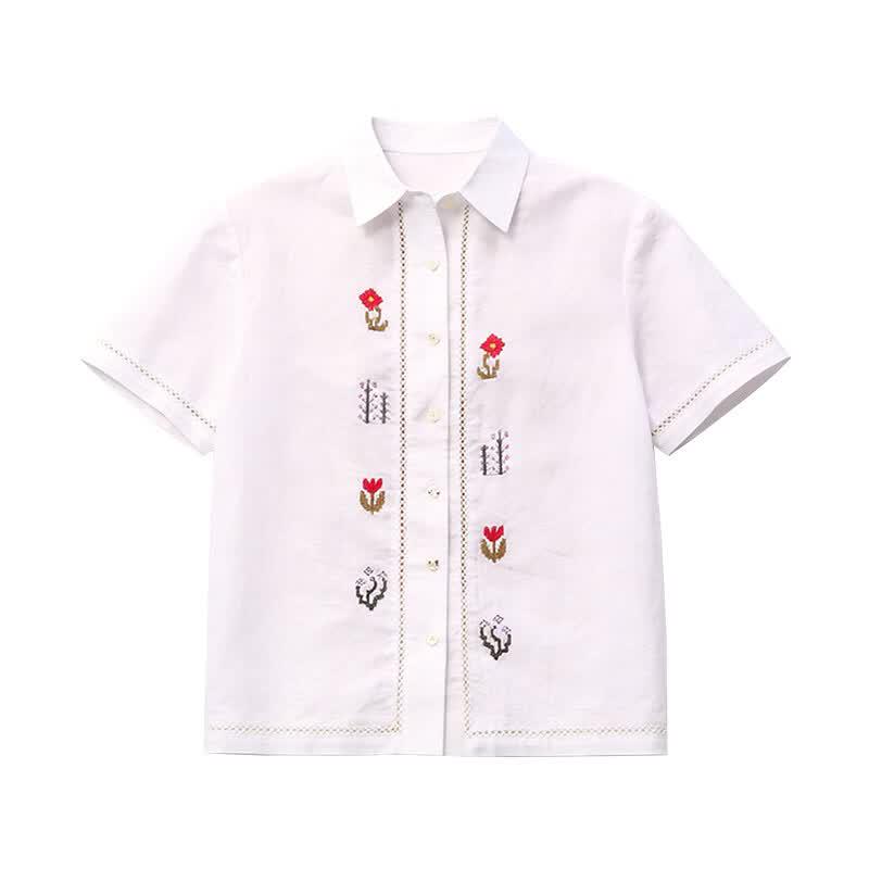 GREEN BELT Embroidered Striped Cotton Linen Polo Shirt