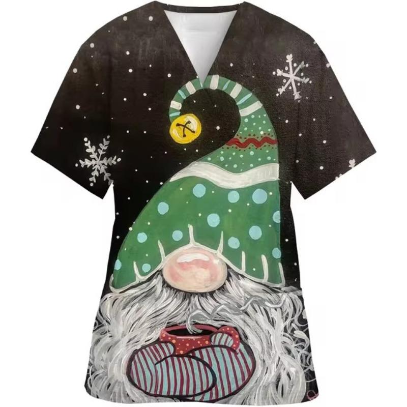 Damen Krankenschwester T-Shirt Arbeiter Weihnachten Druck Kurzarm Tasche V-Ausschnitt Gepflegte T-Shirts Kasack Uniform Arbeitskleidung Betreuer Arbeits-Tops