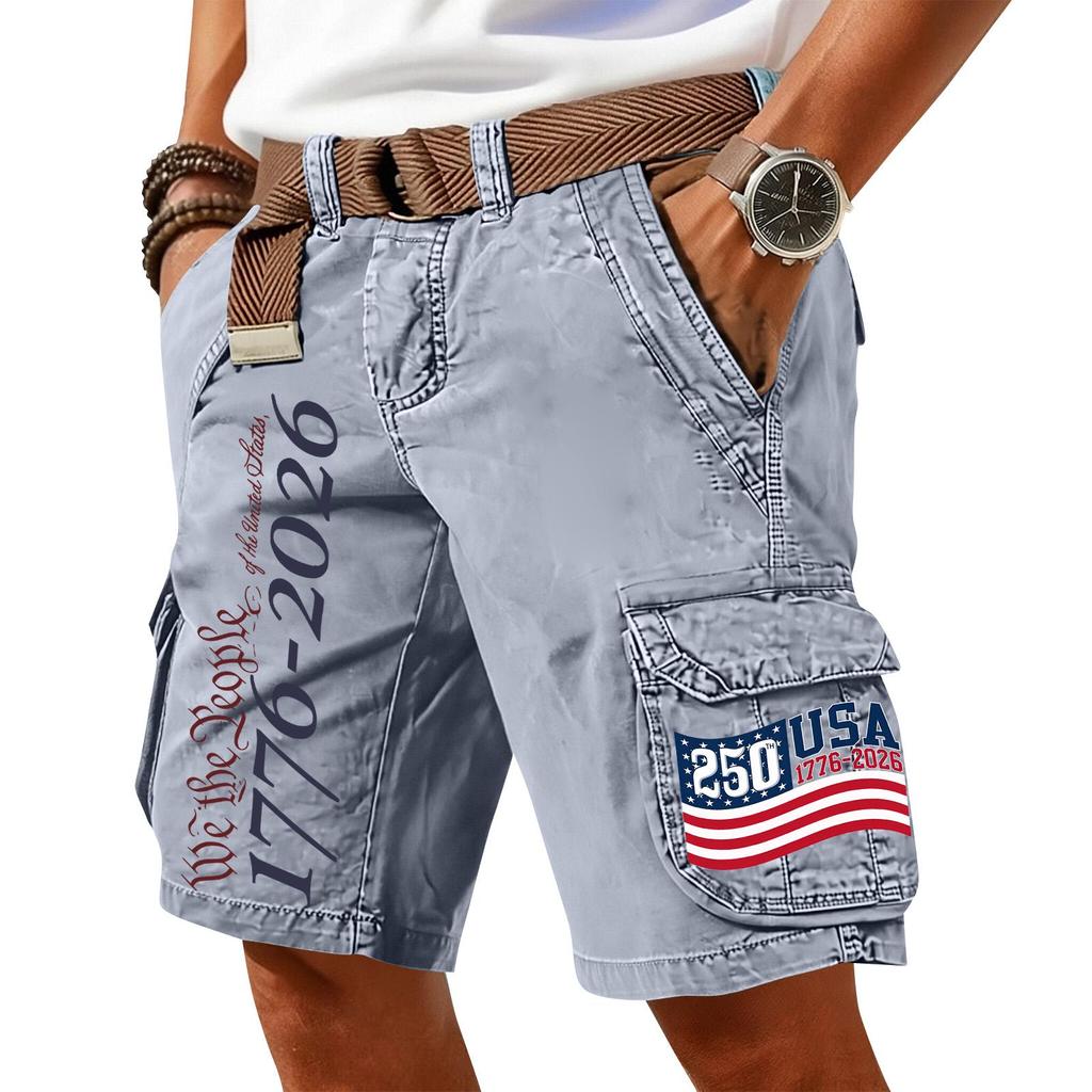 Men Cargo Shorts with Belt Cotton Fabric Multiple Pockets USA Flag Print Casual Loose Fit Outdoor