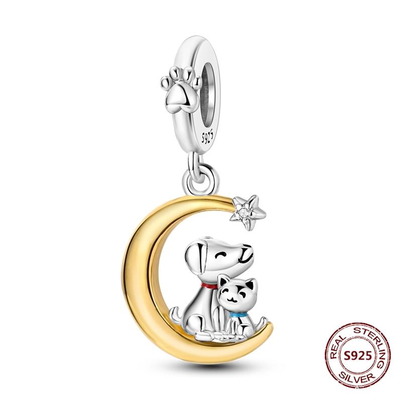 Copper Original Dog Cat Safety Chain Lazy Cat Pink Zircon Pet Paw Print Footprint Charms Fit Bracelet For Women Diy Jewelry