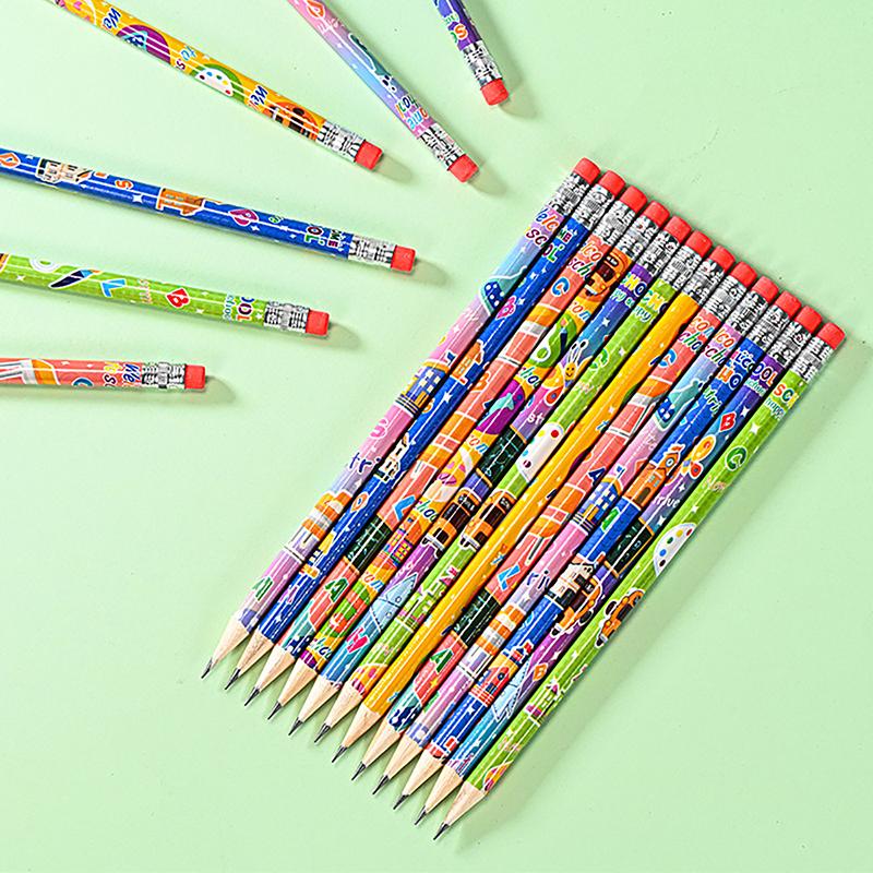 12Pcs Wooden Hb Pencil With Eraser Cute Sketch Drawing Pencil Student Writing Stationery Office Supplies Children'S Gift