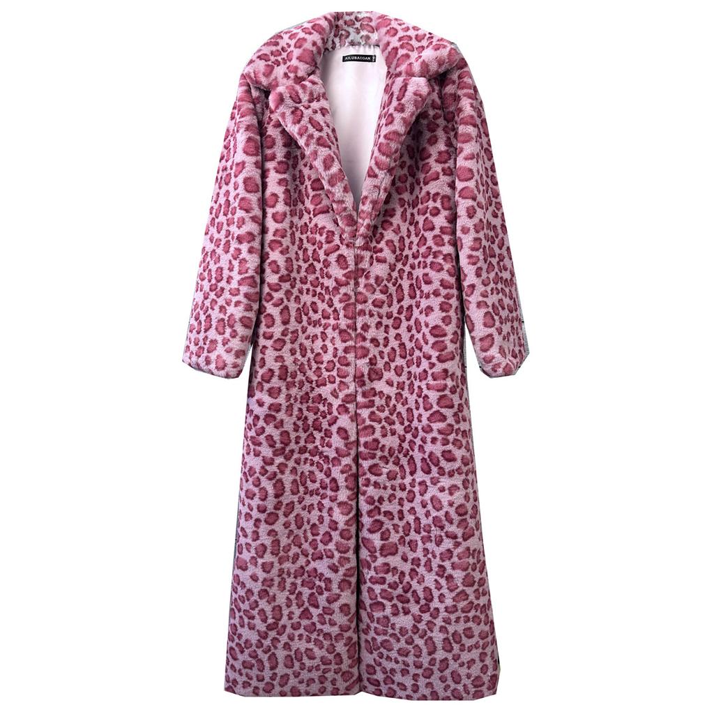 Zebra leopard print imitation rabbit hair fluffy jacket women's fur extended suit collar extra long winter coat jacket