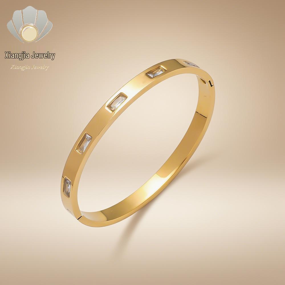 Emerald Cut Cubic Zirconia Titanium Steel Bracelet - Women's Fashionable European & American INS Style, Light Luxury High-End Jewelry