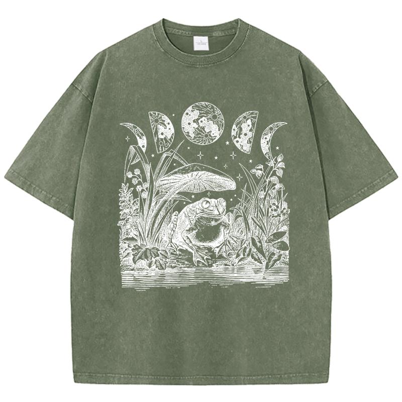 Personality Frog Mushroom Print Women Washed T-Shirt Hip Hop Cotton Short Sleeve Summer T Shirt Loose Soft Top