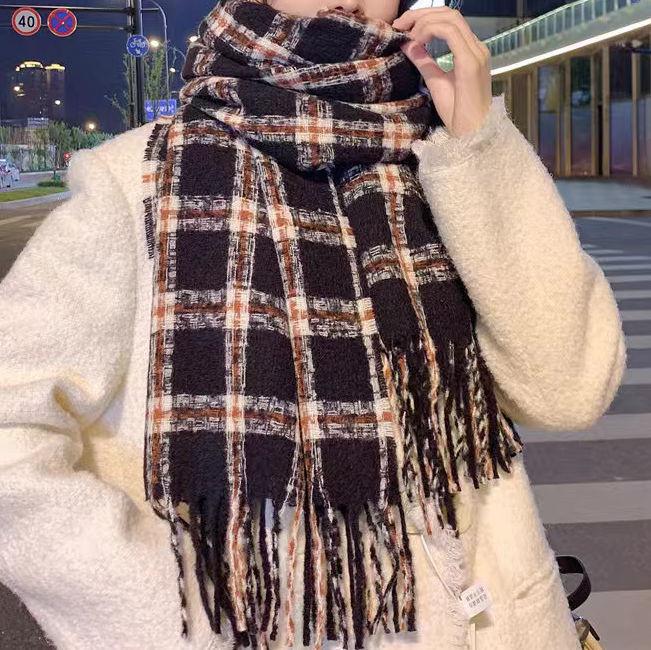 Cachecol de Pescoço Estudante Britânico Inverno Xadrez Caxemira Tipo Lã Franjado Estilo Coreano Versátil Espessado Quente Xale