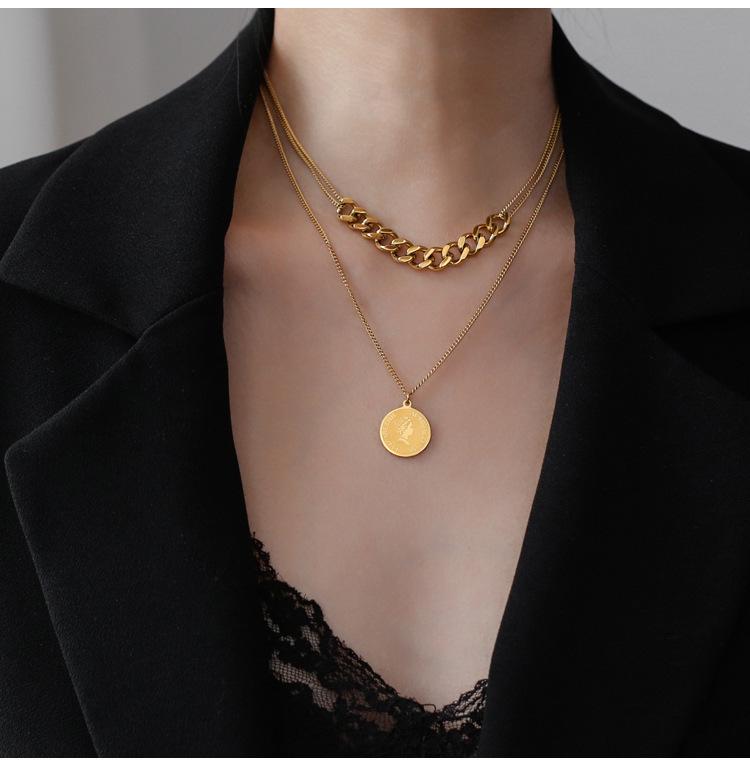 Women's Elegant Double-Layer Coin Chain Necklace, European American Retro Style, 18K Gold-Plated Titanium Steel Clavicle Jewelry