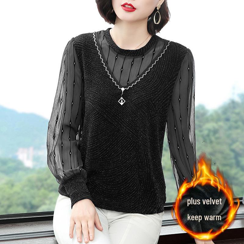 2023 Spring & Autumn Women's Long Sleeve Loose Base Shirt for Middle-aged Moms