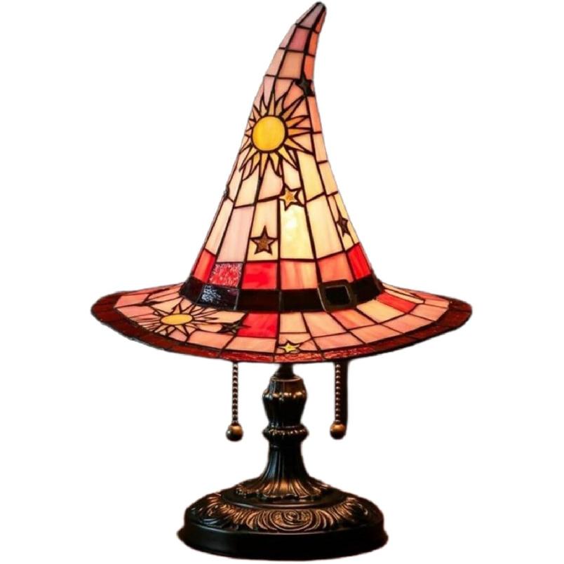 Witch Hat Lamps,2025 Stained Glass Witch Hat Lights with Mystical Charm, Handmade Gothic Wizard Hat Shape Lights for Wiccans & Halloween