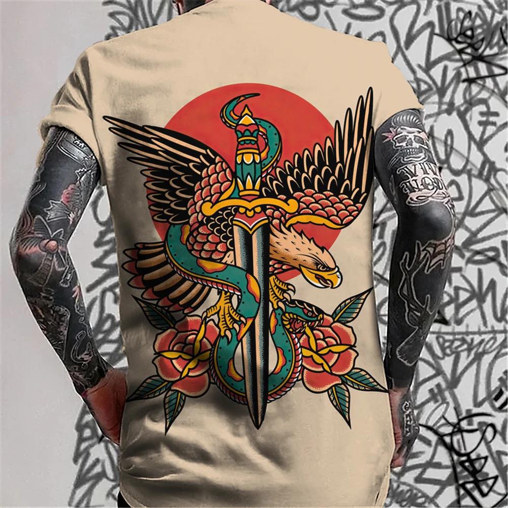 Men's Retro Tattoo Style T-shirt Trend 3D Printing Street Short Sleeved Hip-hop Punk Style Men's T-shirt Oversized Mens Clothing