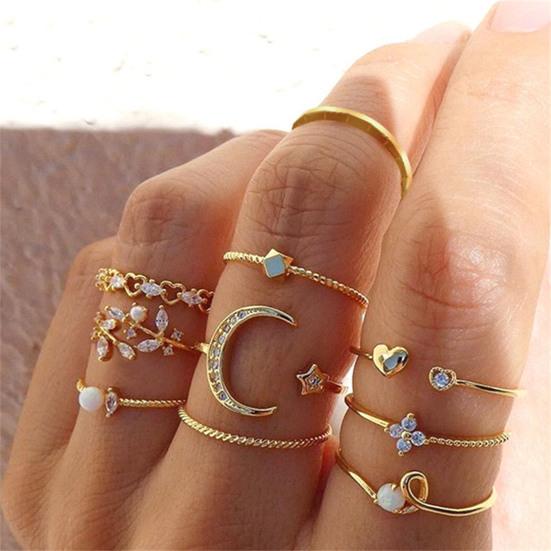 Yousheng 7Pcs/Set Star Moon Cross Twist Rhinestones Rings Set Women Opening Adjustable Knuckle Rings Exquisite Stacking Layering Ring Set