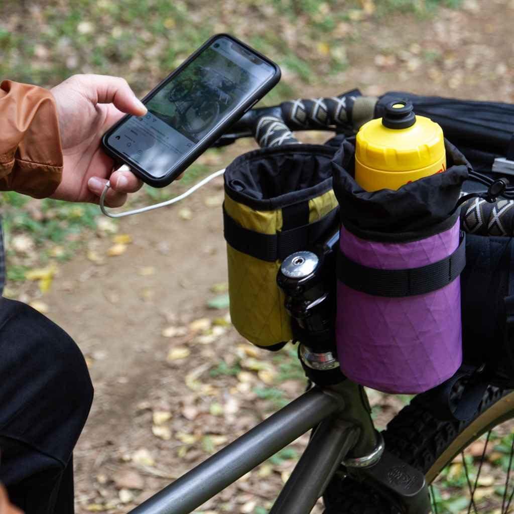 FAIRWEATHER Stem Bag, Front Pouch, Bicycle Bag with Drink Holder, Waterproof Handlebar Bag, Bikepacking Compatible (Olive/HMPE Rip)