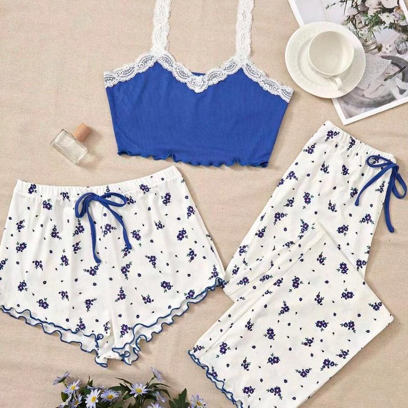 Conjunto de Tres Piezas Conjuntos de Pijama para Mujer Chaleco Estampado Pantalones Cortos y Pantalones Pijamas Tejido Acanalado Suave Informal para el Hogar Conjunto de Ropa de Dormir