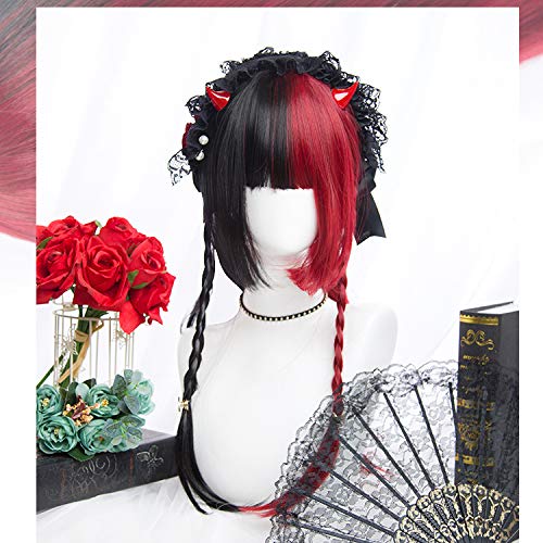 Harajuku-style GAL-kei women's full wig, long, straight, black, red, and double-colored, Lolita style.