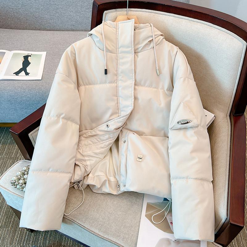 Women Autumn Winter Hooded Collar Long Sleeve Solid Color Warm Coat Drawstring Zipper Loose Parka