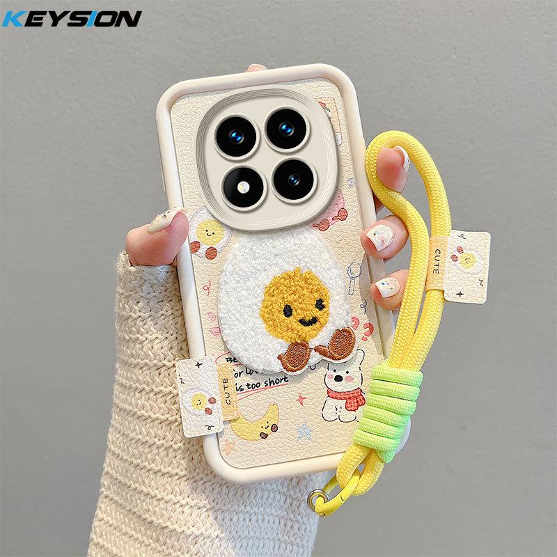KEYSION Cartoon Cute Plush Embroidery Case for Redmi Note 14 Pro 5G 14 Pro+ with Lanyard Shockproof Phone Cover for Xiaomi POCO X7
