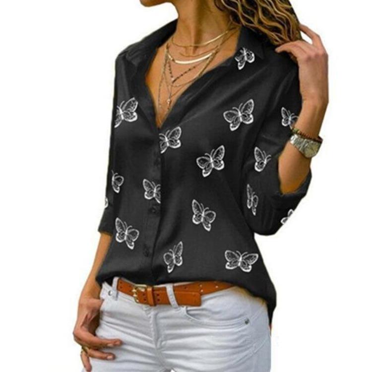 Butterfly Print Lapel Style Shirt Women Loose Fit S