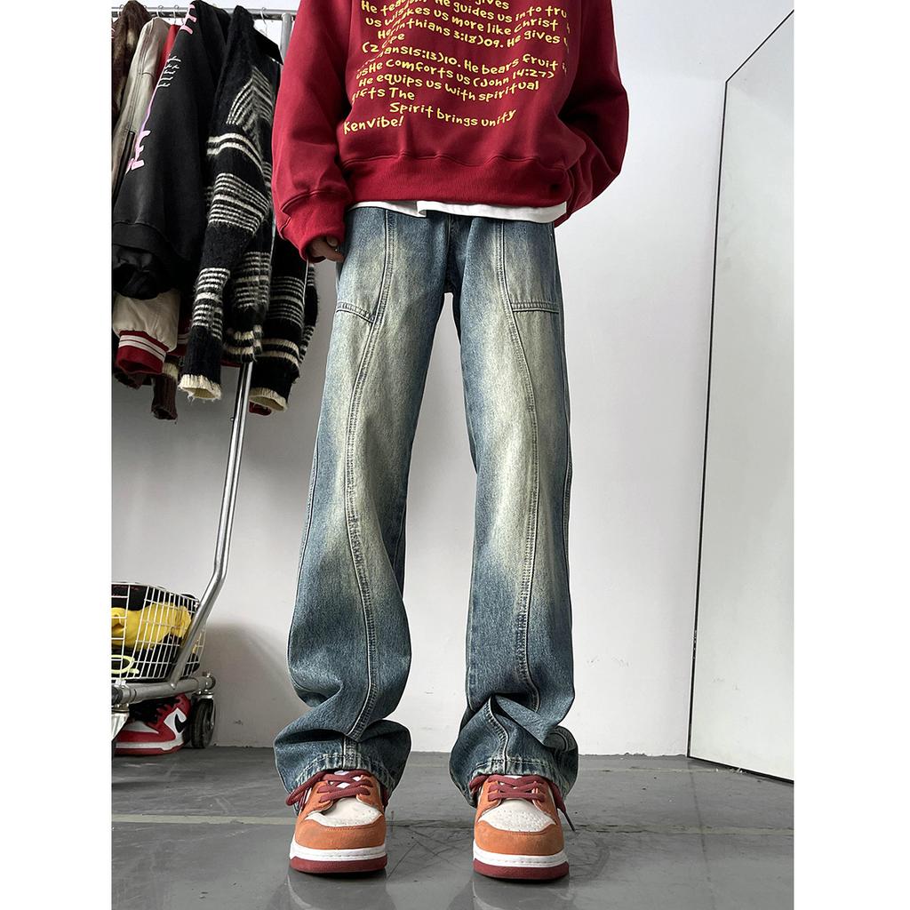 Gradually change jeans men's spring and autumn high street American retro old pants vibe slim-fitting slightly straight trousers