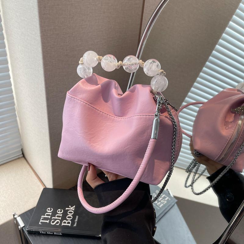 2024 New Contrast Color Chic Ruched Handbag Beaded Chain Bag Street Style Trendy Bucket Bag