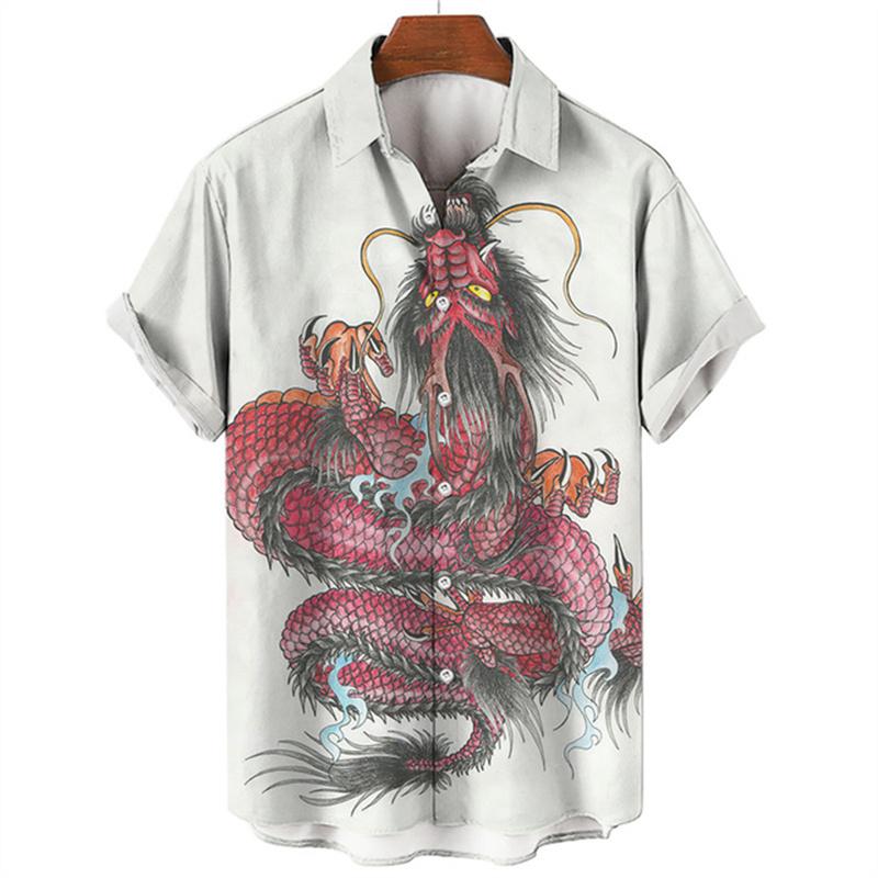Summer Men's Dragon Pattern Element Shirt Social Casual Vintage Hawaiian Shirt  New Oversize Short Sleeve Street Clothing
